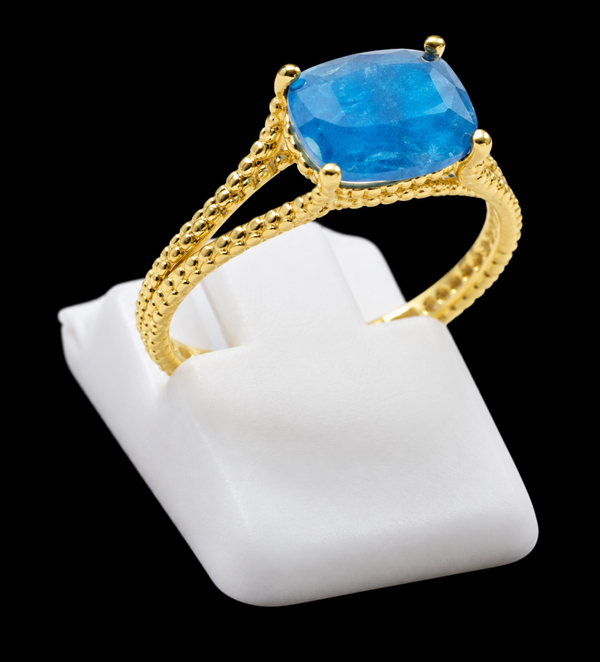 Bague Argent 925 Plaqué Or Apatite Rectangle
