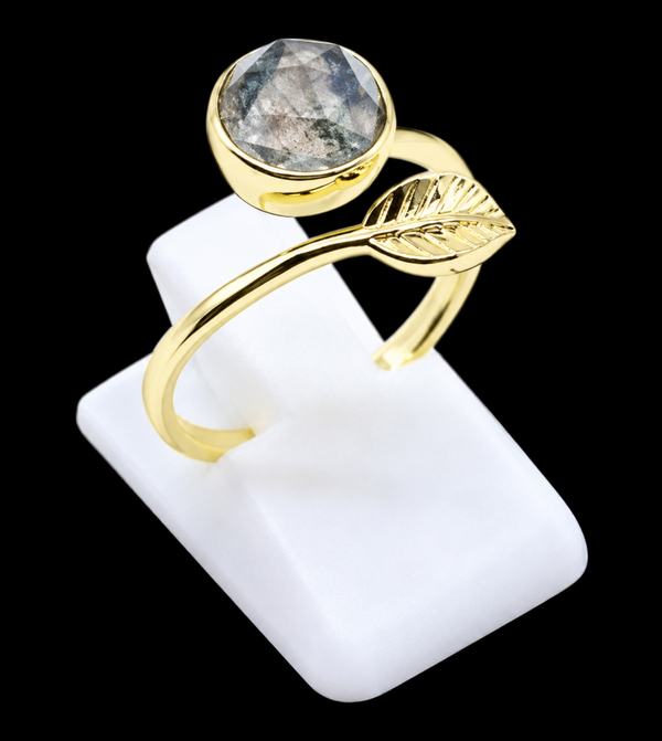 Bague Argent 925 Plaqué Or “Feuille d’Or” Agate Mousse