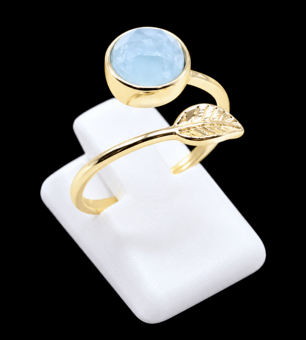Bague Argent 925 Plaqué Or “Feuille d’Or” Aigue-Marine