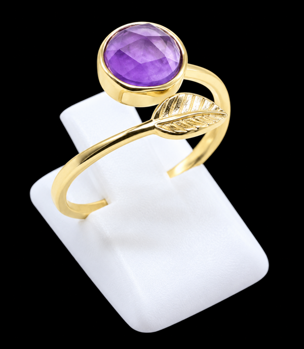 Bague Argent 925 Plaqué Or “Feuille d’Or” Améthyste