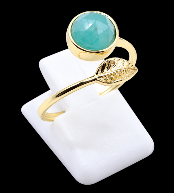 Bague Argent 925 Plaqué Or “Feuille d’Or” Amazonite