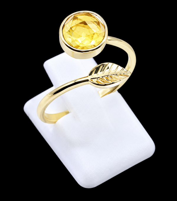 Bague Argent 925 Plaqué Or “Feuille d’Or” Citrine