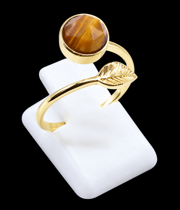 Bague Argent 925 Plaqué Or “Feuille d’Or” Œil de Tigre