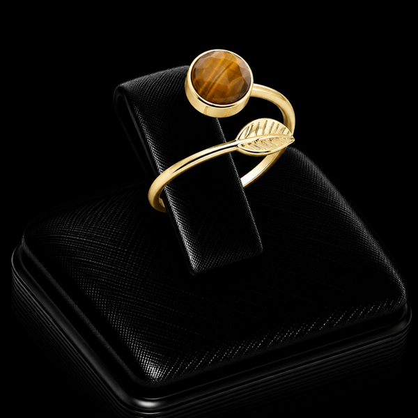 Bague Argent 925 Plaqué Or “Feuille d’Or” Œil de Tigre