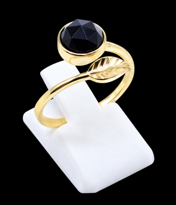 Bague Argent 925 Plaqué Or “Feuille d’Or” Onyx