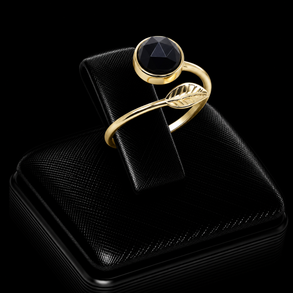 Bague Argent 925 Plaqué Or “Feuille d’Or” Onyx