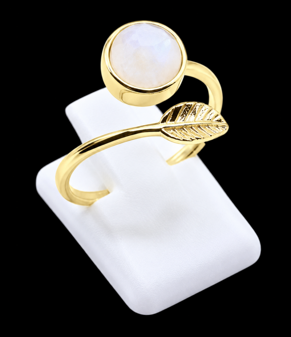 Bague Argent 925 Plaqué Or “Feuille d’Or” Pierre de Lune