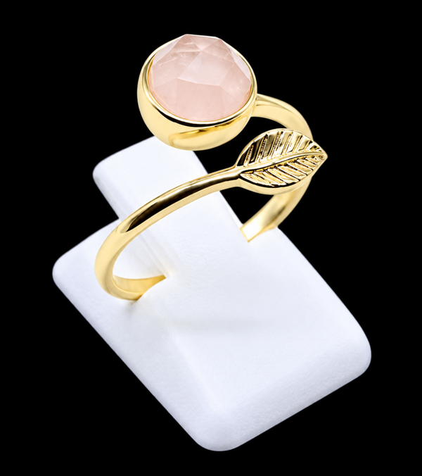 Bague Argent 925 Plaqué Or “Feuille d’Or” Quartz Rose