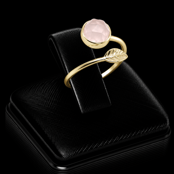 Bague Argent 925 Plaqué Or “Feuille d’Or” Quartz Rose