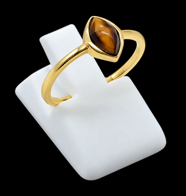Bague Argent 925 Plaqué Or Œil de Tigre Marquise