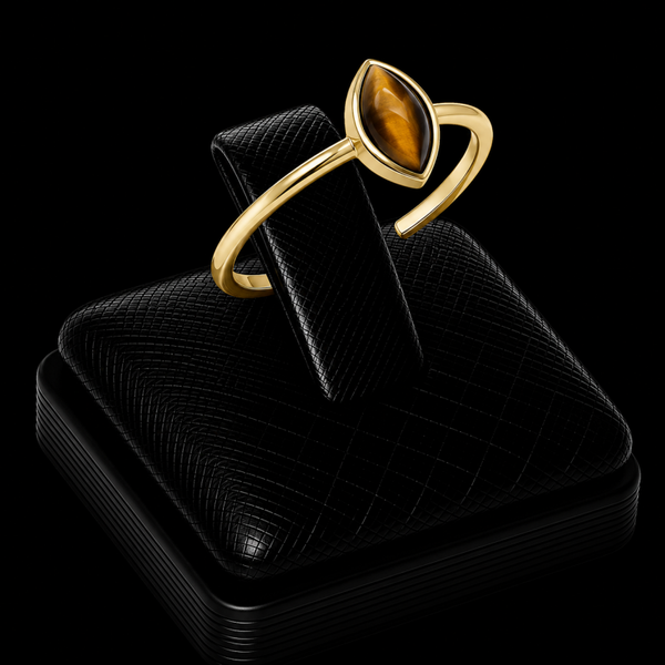 Bague Argent 925 Plaqué Or Œil de Tigre Marquise