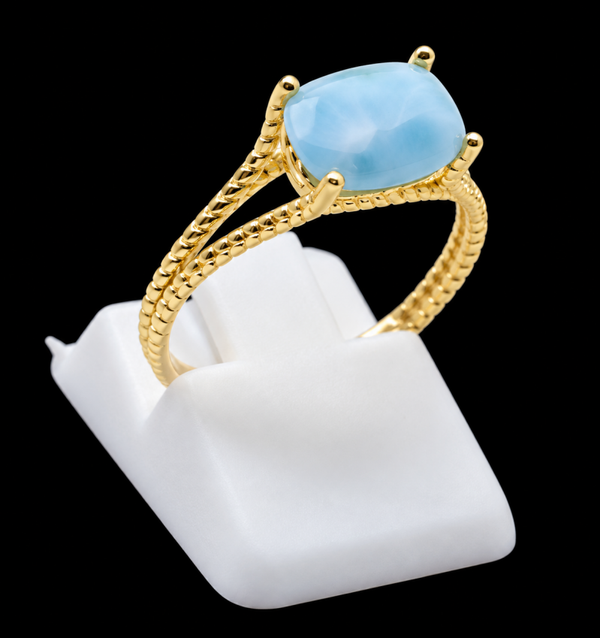 Bague Argent 925 Plaqué Or Larimar Rectangle
