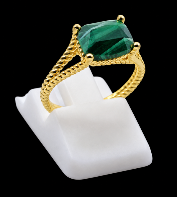 Bague Argent 925 Plaqué Or Malachite Rectangle