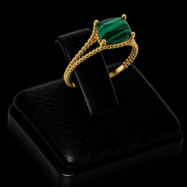 Bague Argent 925 Plaqué Or Malachite Rectangle
