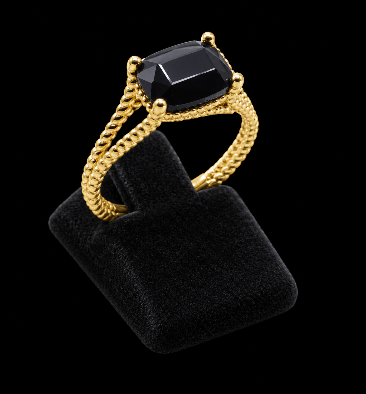 Bague Argent 925 Plaqué Or Onyx Rectangle