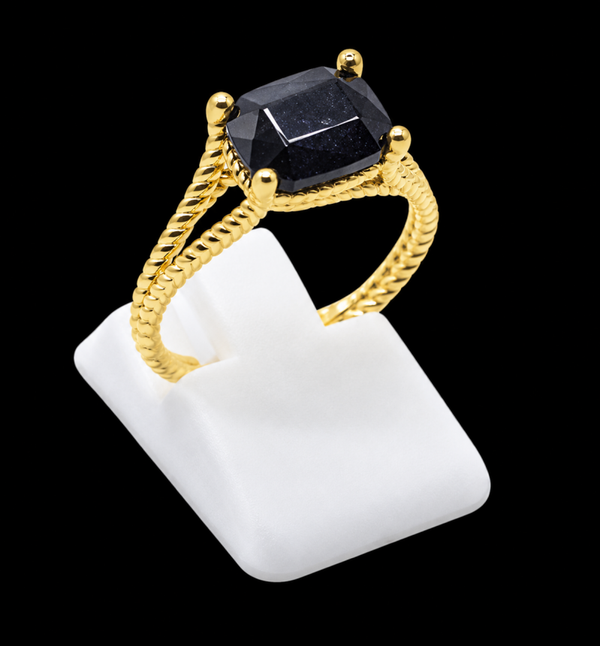 Bague Argent 925 Plaqué Or Onyx Rectangle