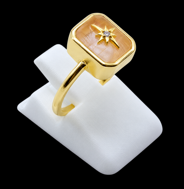 Bague Argent 925 Quartz Rose Rectangle + Charme