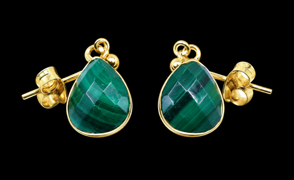 Boucles d'oreilles Argent 925 'Ondée Dorée' - Malachite