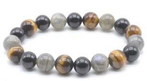 Bracelet Labradorite, Tourmaline noire, Oeil de tigre perles 10mm