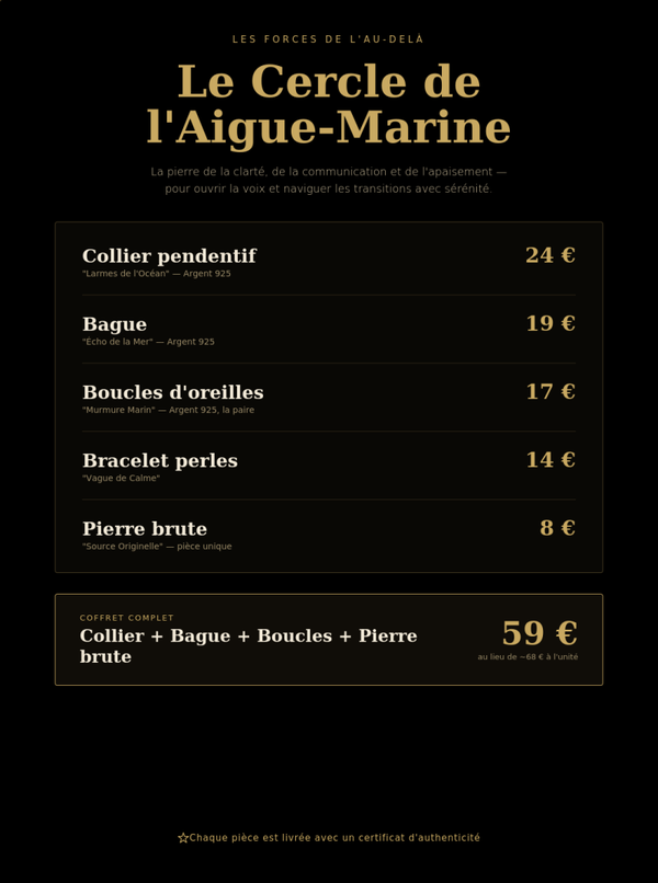 Coffret "Le Cercle de l'Aigue-Marine" — Collier, Bague, Boucles d'oreilles, Pierre brute