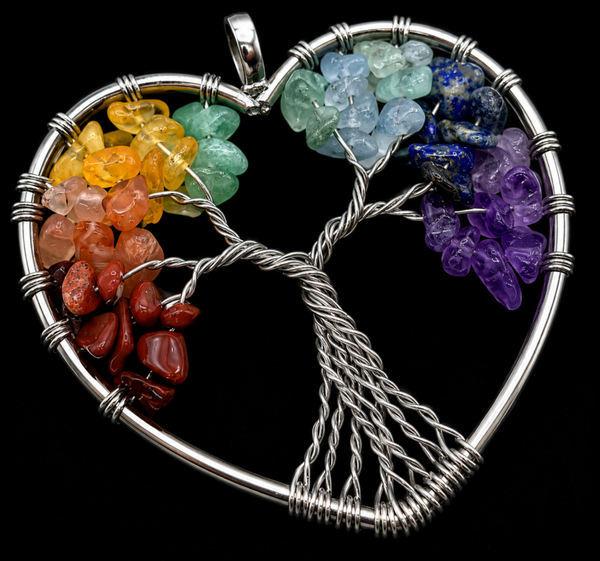 Pendentif Arbre de Vie 7 Chakras Coeur 4cm - Plaqué Argent