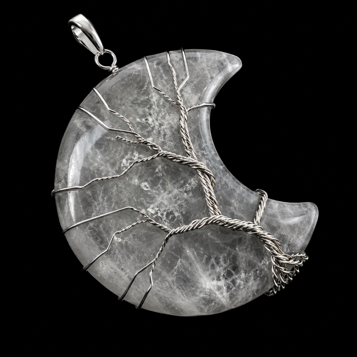 Pendentif Lune Arbre de Vie - Cristal de Roche 3.5cm
