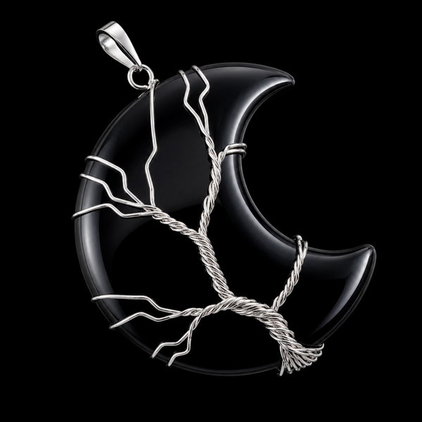 Pendentif Lune Arbre de Vie - Obsidienne Noire 3.5cm