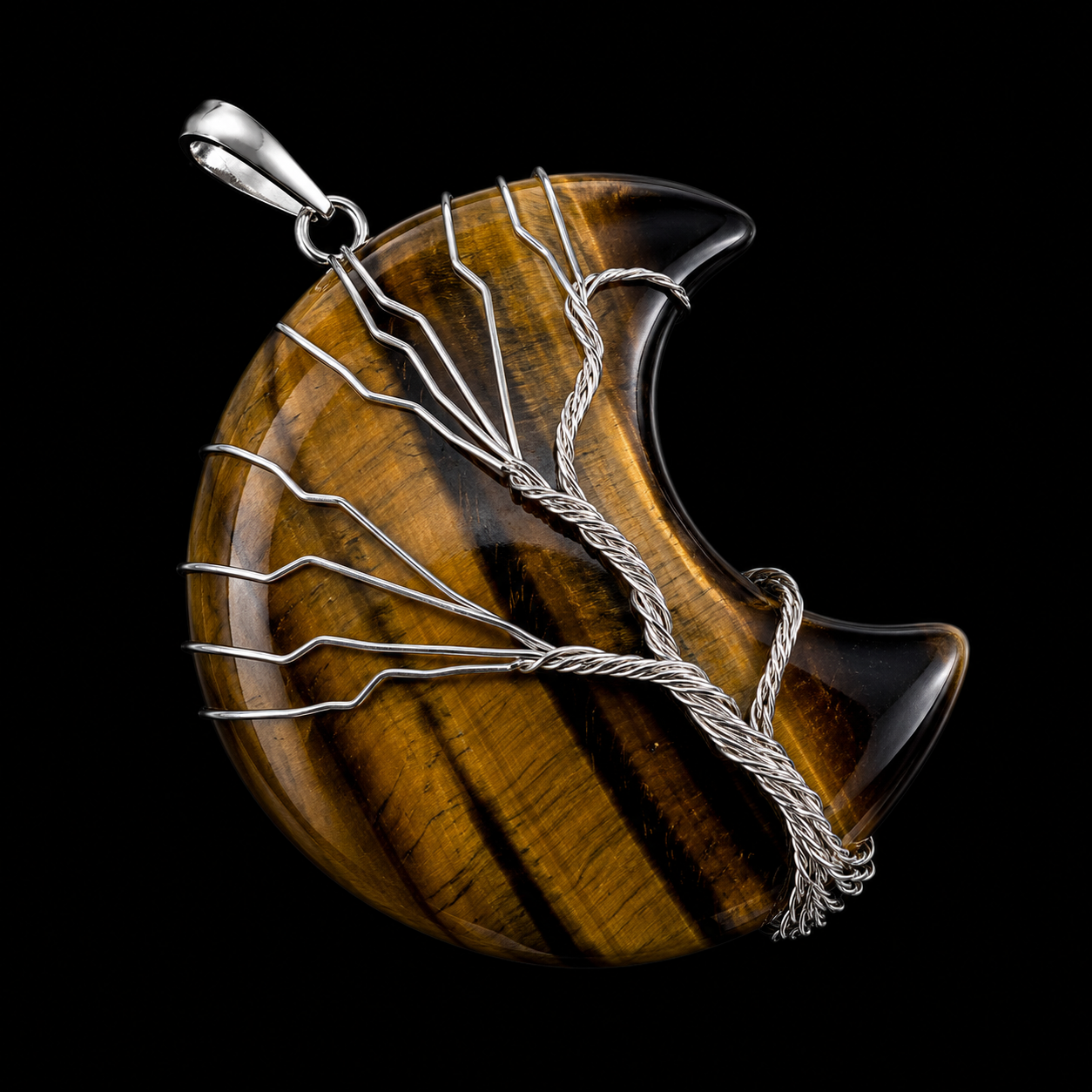 Pendentif Lune Arbre de Vie - Oeil de Tigre 3.5cm