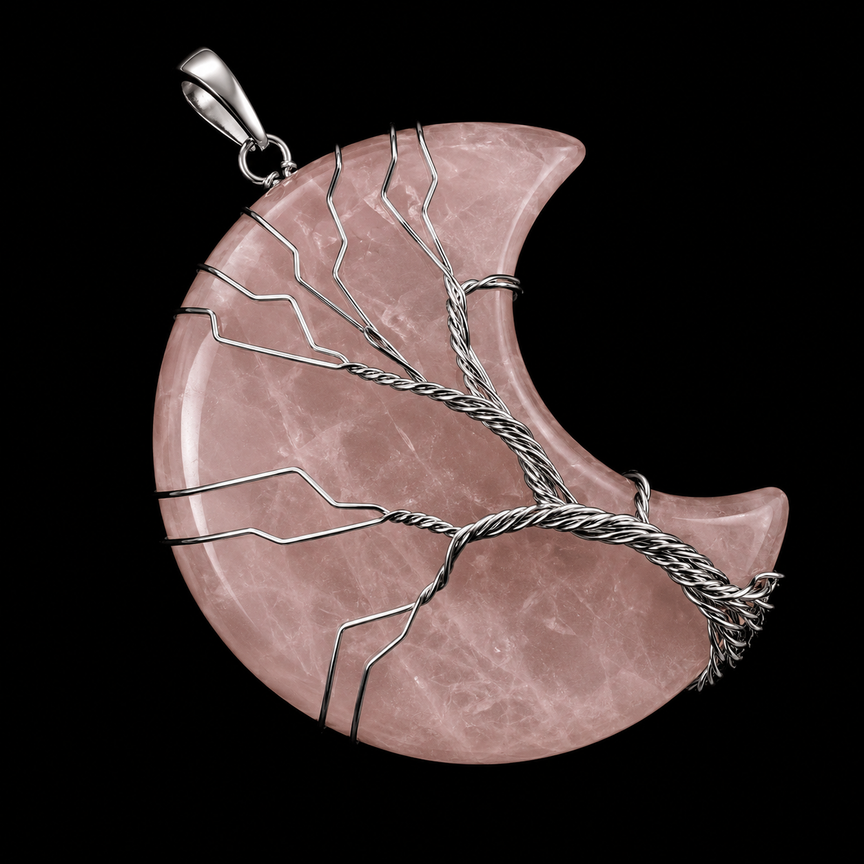 Pendentif Lune Arbre de Vie - Quartz Rose 3.5cm