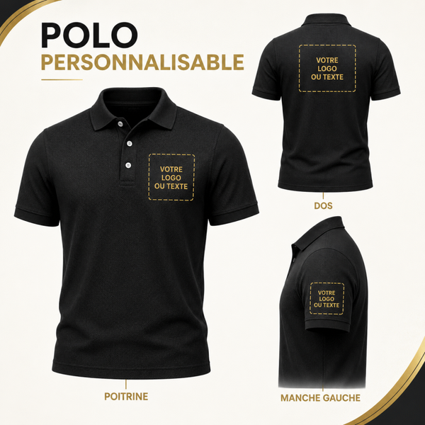 Polo Homme Personnalisable – Logo, Texte ou Visuel sur Poitrine, Manche et Dos