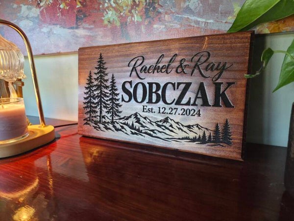 Personalized Mountain & Pine Family Name Sign