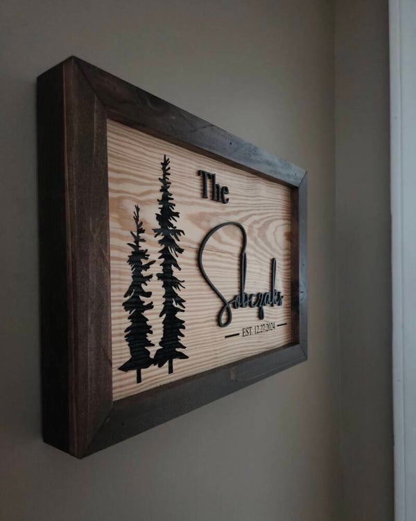 Personalized Family Name Sign with Trees | Custom Laser Engraved Rustic Wood Home Décor | Established Date Gift