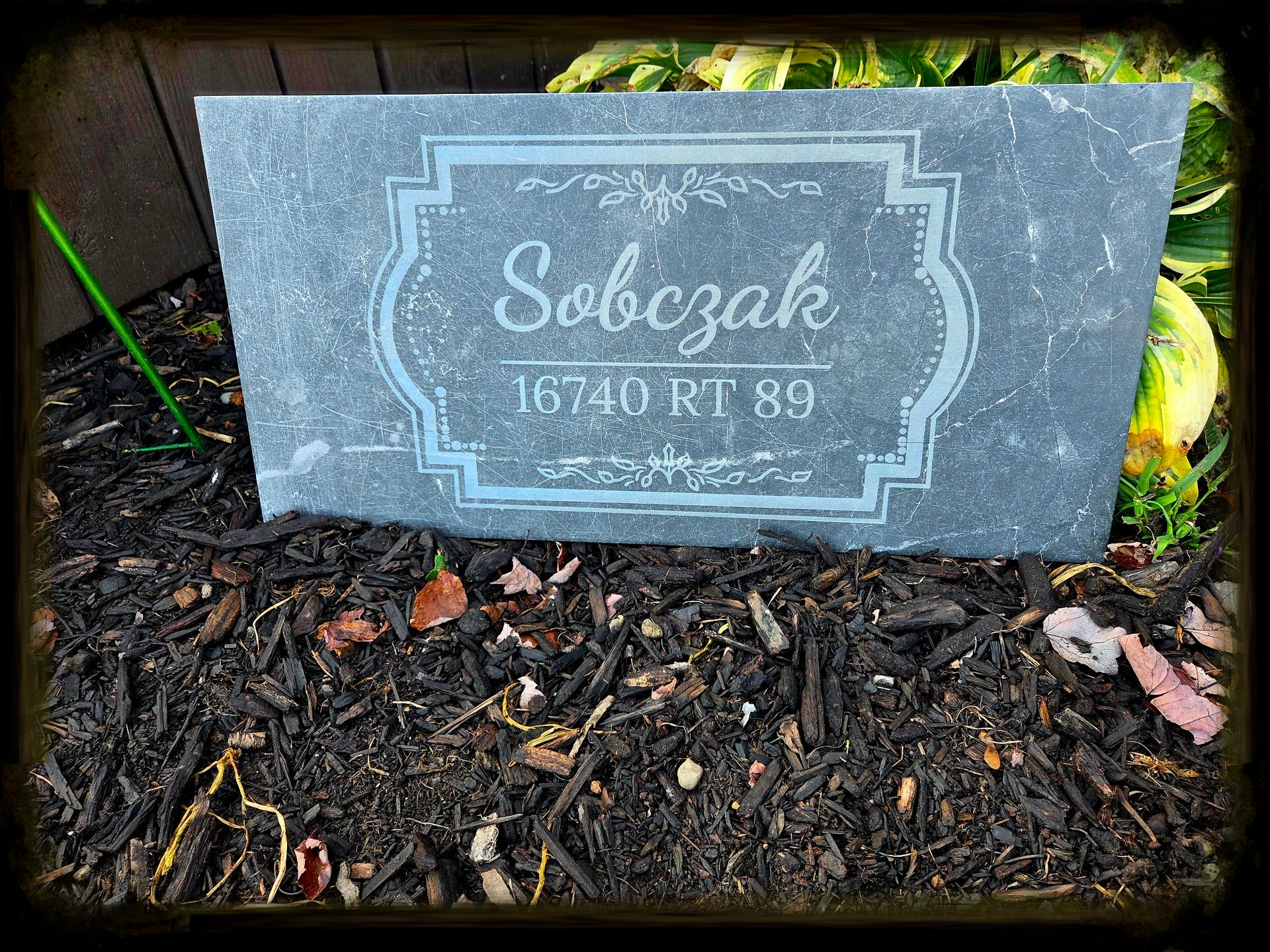 Personalized Faux Gray Marble Address Sign – Custom Laser Engraved Last Name & House Number with Ornate Scroll Design