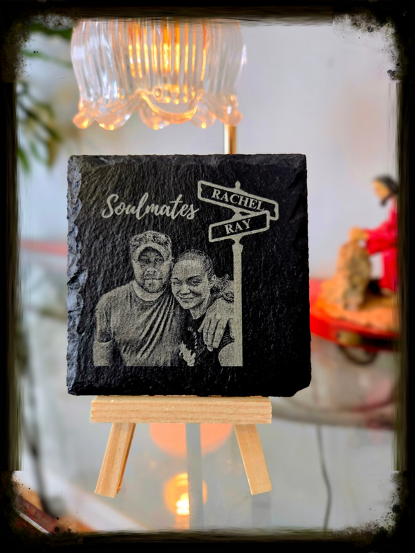 Custom 4x4 Laser Etched Slate Photo Tile with Easel | Soulmates Couple Gift