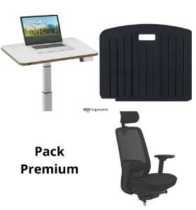 alt="Pack Premium ergonomique avec bureau assis-debout, tapis antifatigue et accessoires"