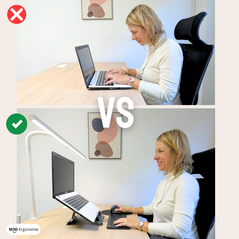 Avant / Après ergonomie : laptop posé sur le bureau vs installation ergonomique avec support PC portable