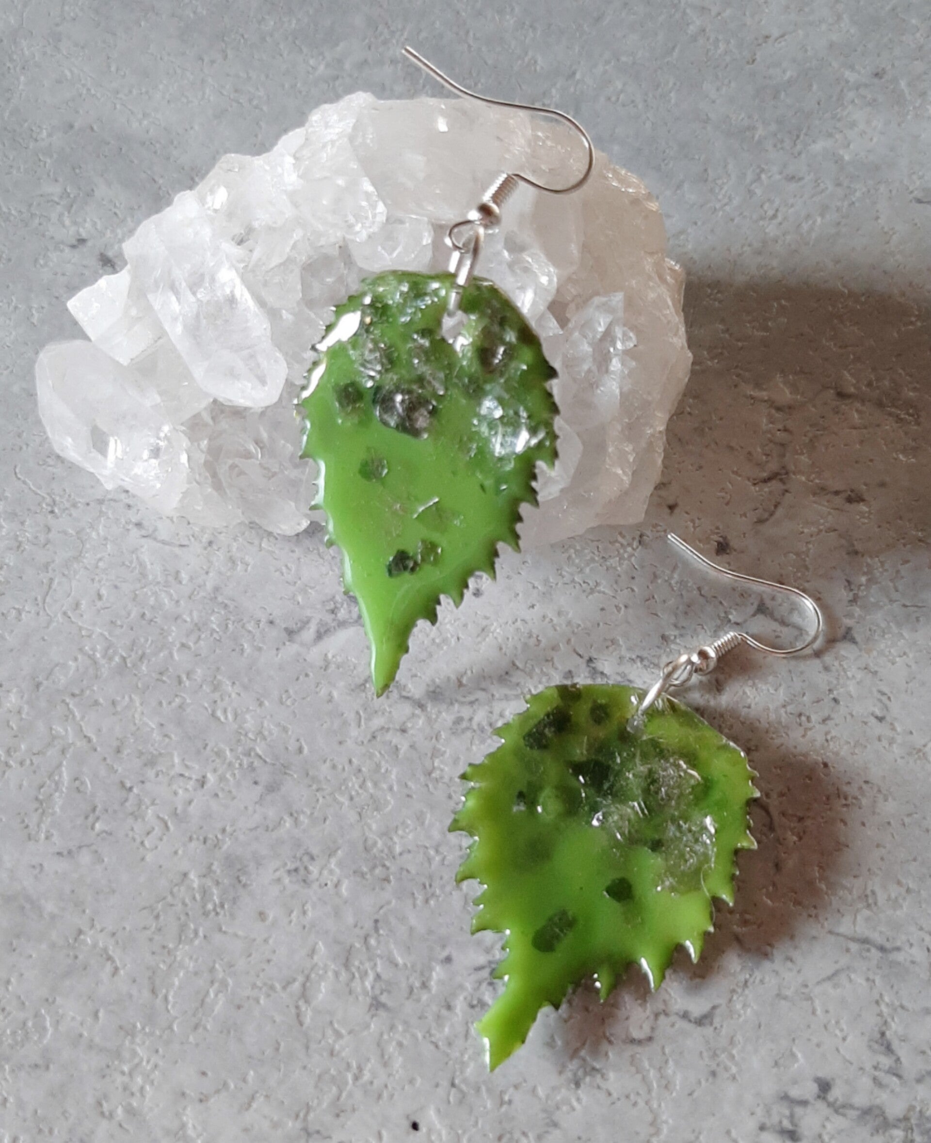 Oorbellen nmr 8 echte blaadjes met zilverkleurige schelpjes €25,00 