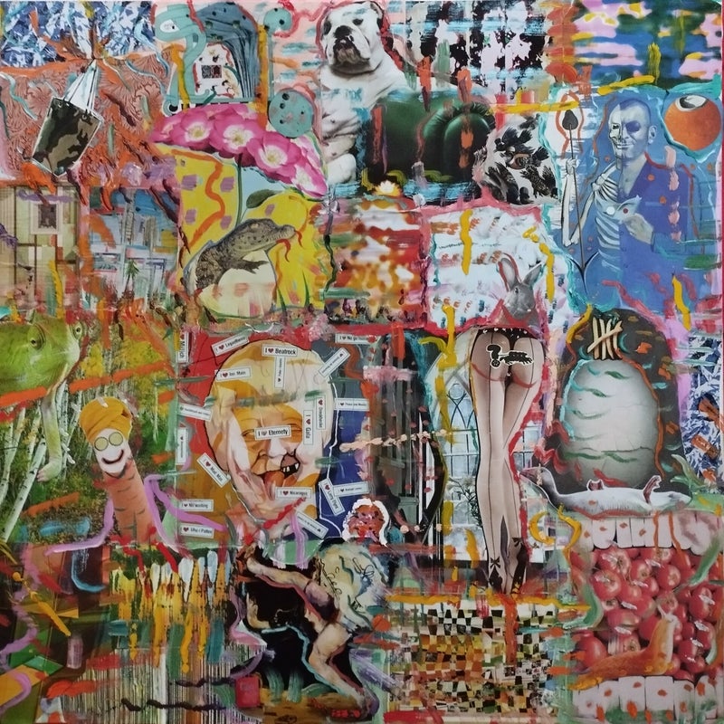 A Kind of Dada XXIV collage + oil painting on cotton 70x70cm 2022.