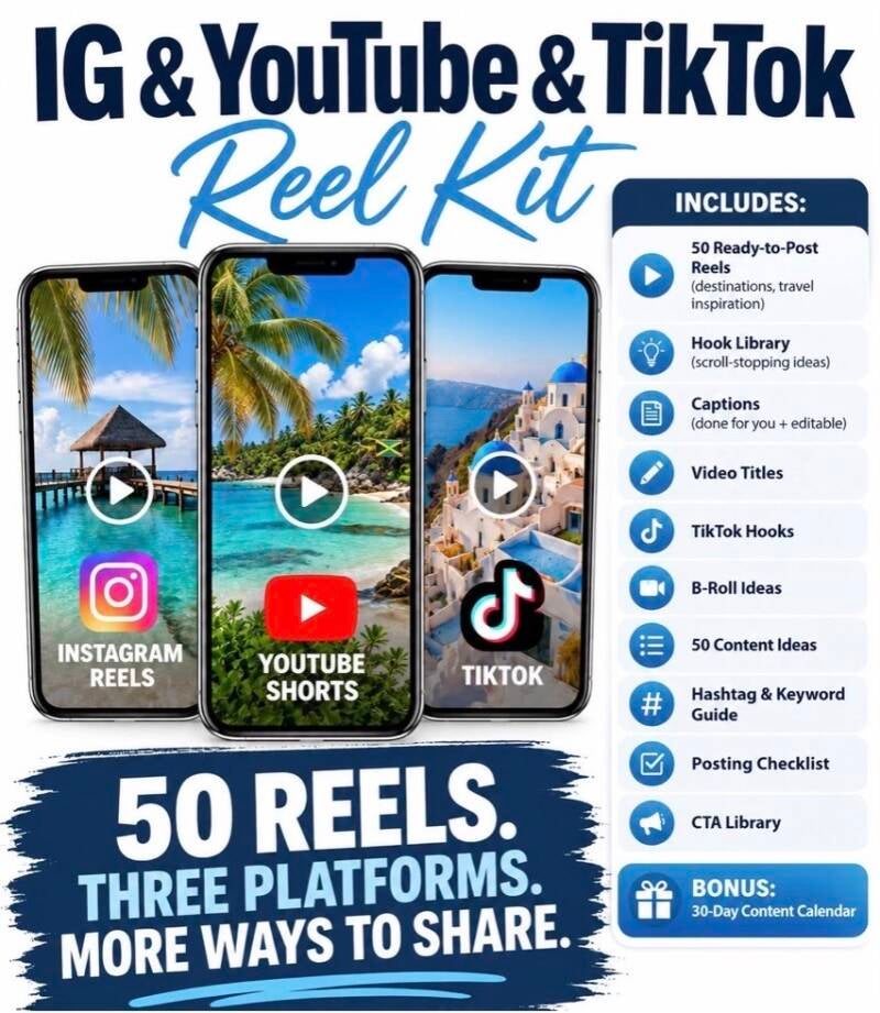 Ready-to-post Reel Kit for travel agents: ready-to-post social media content for travel agents with hooks, captions and CTAs