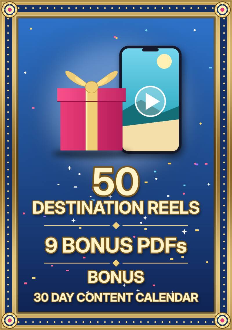 Ready-to-post travel agent reels and bonuses: 50 destination reels, 9 bonus PDFs and a 30 day content calendar