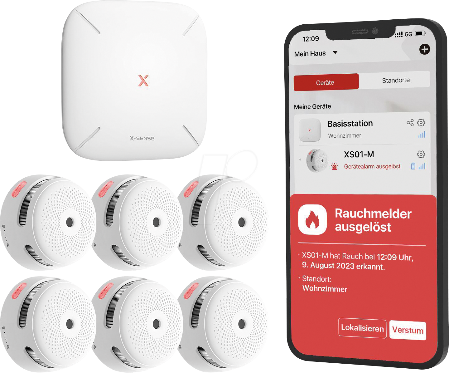 🔔 XS01-M Vernetzter intelligenter Rauchmelder - 6 Rauchmelder mit SBS50 Basisstation (FS61)