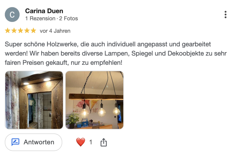Google Bewertung mit Bildern zu handgefertigten Lampen und Möbeln aus Altholz