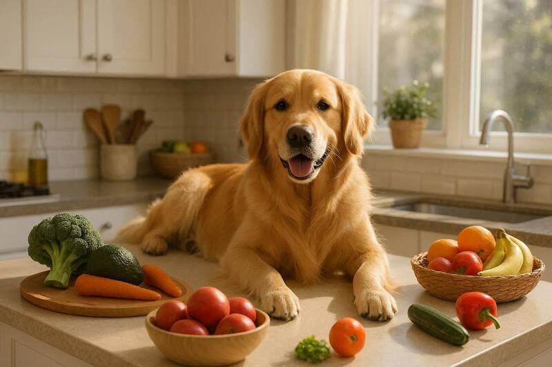 Afbeelding van een hond op het aanrecht.