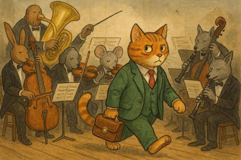 Afbeelding  van een boze kat die met een orkest krijgt te maken.