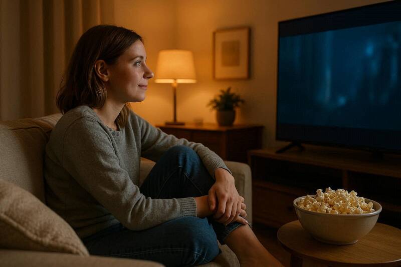 Vrouw kijkt een film.