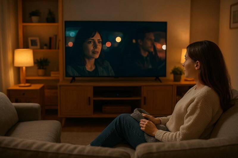 Afbeelding van een vrouw die een film op tv kijkt.