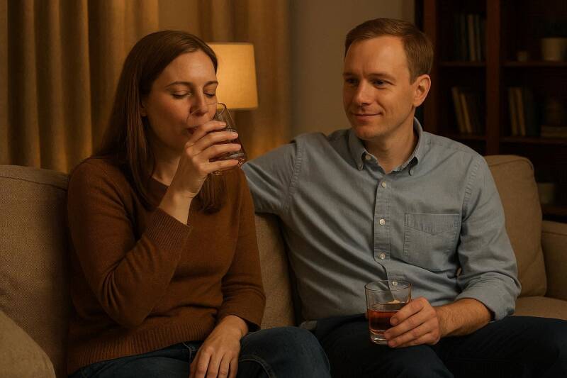 Afbeelding van een echtpaar die gezellig samen een drankje drinken.