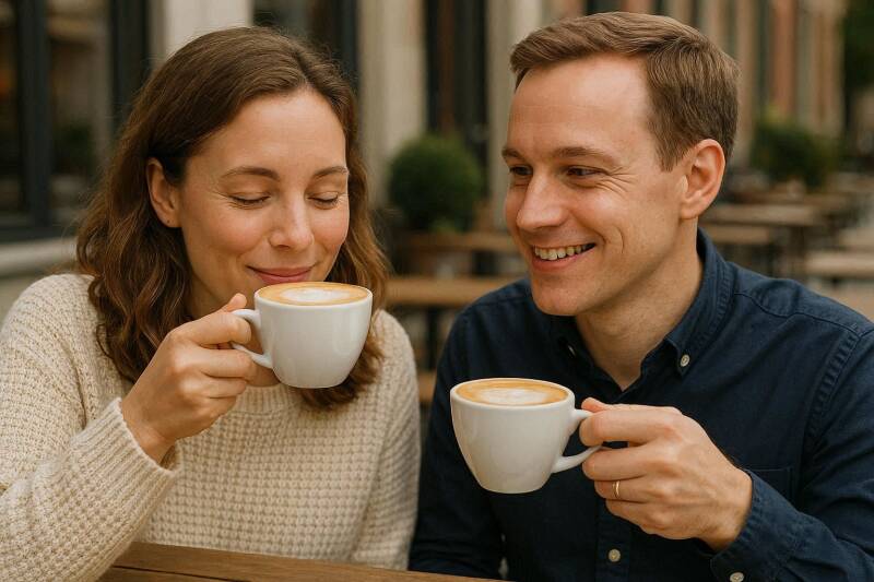 Echtpaar drinkt een kop cappuccino.