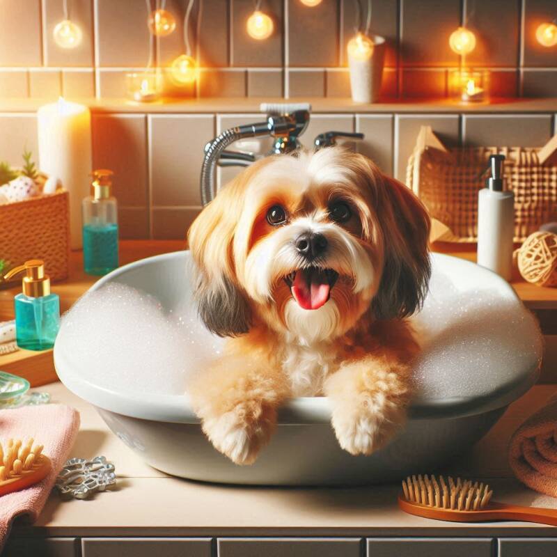 Afbeelding van een hond in een wasbak.