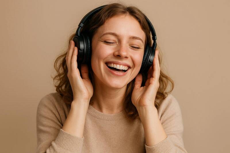 Afbeelding van een vrolijke vrouw die muziek luistert.